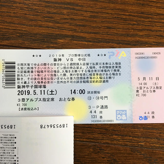 阪神タイガース(ハンシンタイガース)の阪神中日戦 甲子園 ペアチケット チケットのスポーツ(野球)の商品写真