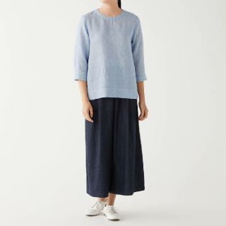 ムジルシリョウヒン(MUJI (無印良品))の★新品★無印良品オーガニックリネンストライプ七分袖ブラウス／スモーキーブルー／L(シャツ/ブラウス(長袖/七分))