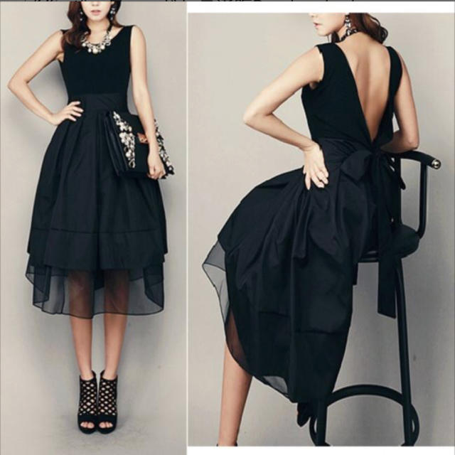 パーティドレス 黒 レディースのフォーマル/ドレス(ミディアムドレス)の商品写真