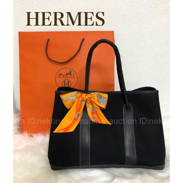 正規品本物エルメスガーデンパーティーブラックPMキャンバス×レザー黒HERMES