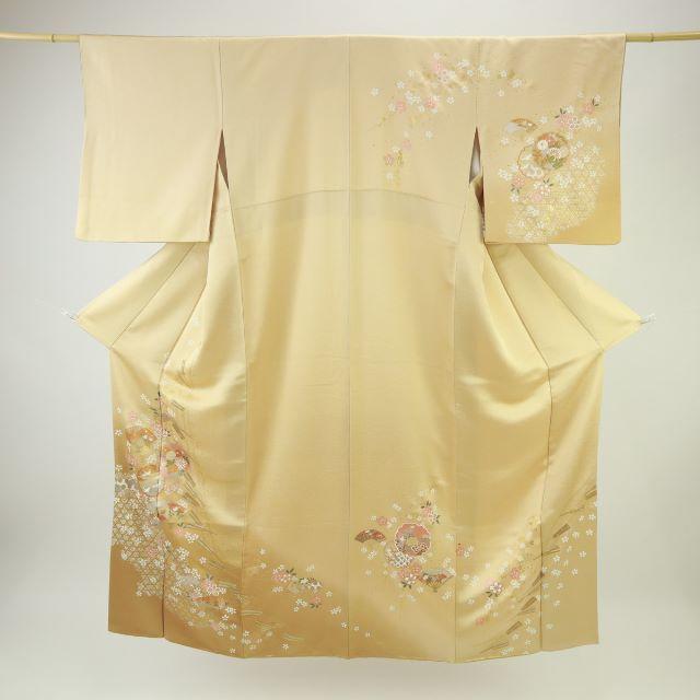 豪華逸品□雪輪に四季の花訪問着□飛鶴扇桜◇ベージュ◇袷正絹 豪華逸品□雪輪に四季の花訪問着□飛鶴扇桜◇ベージュ◇袷正絹