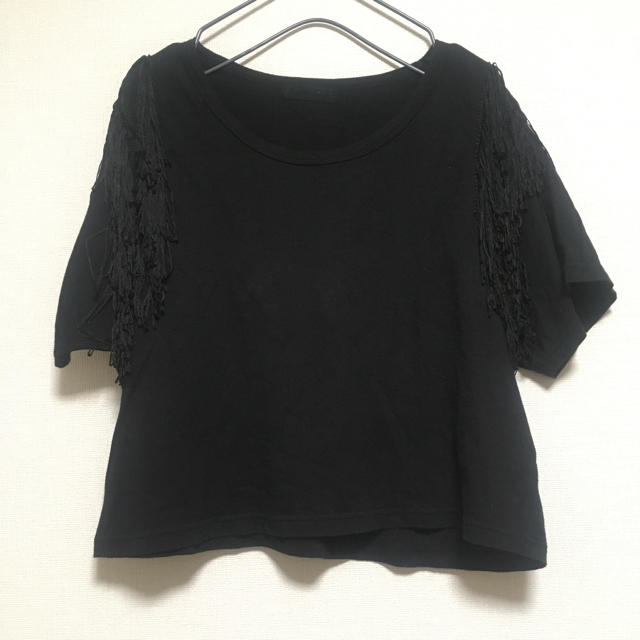 JEANASIS(ジーナシス)のJEANASIS ジーナシス  フリンジカットソーTシャツトップス 黒 綿100 レディースのトップス(Tシャツ(半袖/袖なし))の商品写真