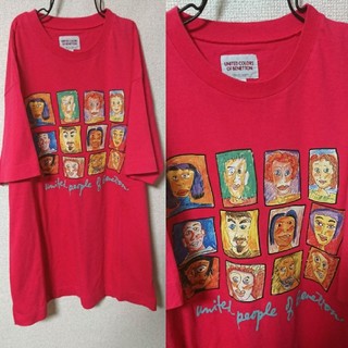 ベネトン(BENETTON)のkei様専用アート古着 ９０Ｓベネトンのピンク色に顔を集めた絵画プリントTシャツ(Tシャツ/カットソー(半袖/袖なし))