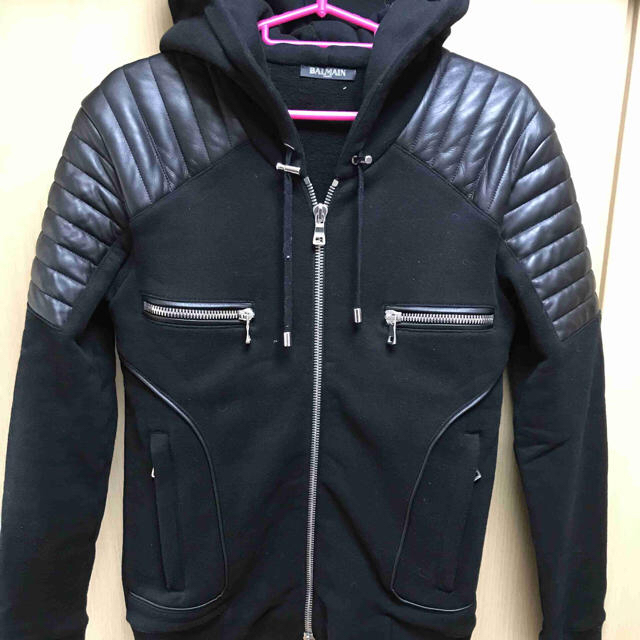 本物 バルマンオム ショルダー レザー切替 ZIP UP バイカー パーカー-