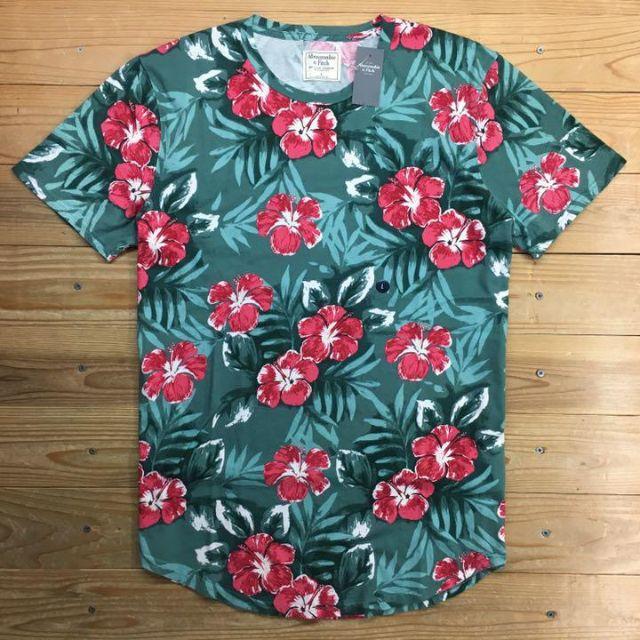 新品【メンズL】★アバクロ★総柄！人気の花柄半袖Ｔシャツ/緑