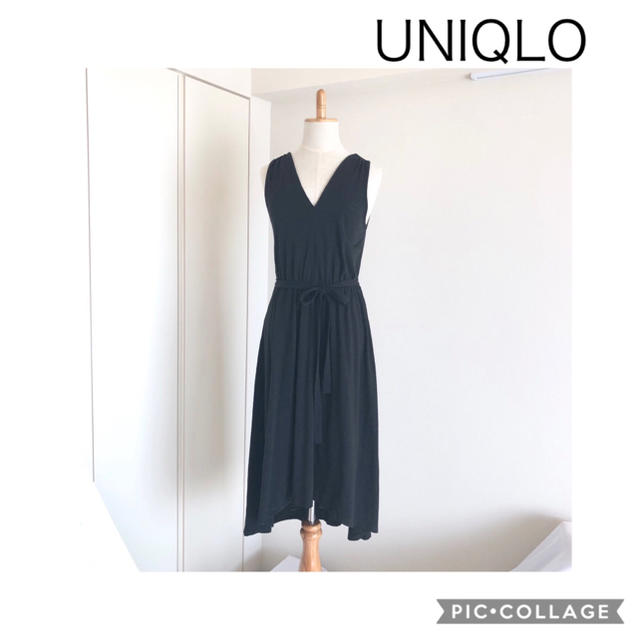 UNIQLO(ユニクロ)のUNIQLO 黒Vネックワンピース レディースのワンピース(ロングワンピース/マキシワンピース)の商品写真