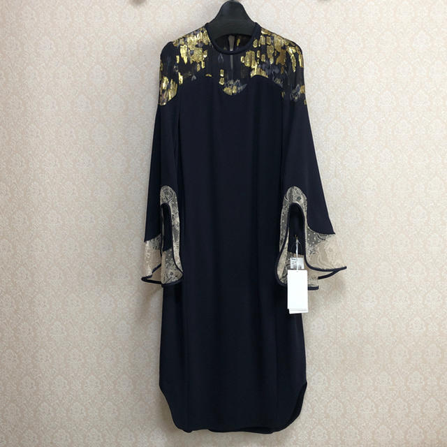 Silk Lame Print I-Line Dress - navy サイズ1