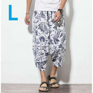 L 清涼 エスニック 七分丈 パンツ 総柄 メンズ 白 紺 ワイド 袴 麻 新品(サルエルパンツ)