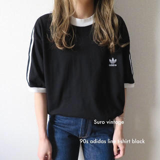 アディダス(adidas)の90s adidas トレフォイル 刺繍 ライン tシャツ ブラック 古着(Tシャツ(半袖/袖なし))