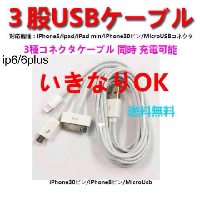 3in1 ケーブル1メートル スマホ/家電/カメラのスマートフォン/携帯電話(バッテリー/充電器)の商品写真