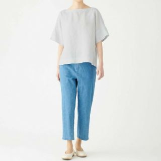 ムジルシリョウヒン(MUJI (無印良品))の★新品★無印良品オーガニックリネン半袖ブラウス／ライトシルバーグレー／Ｍ～Ｌ(シャツ/ブラウス(半袖/袖なし))