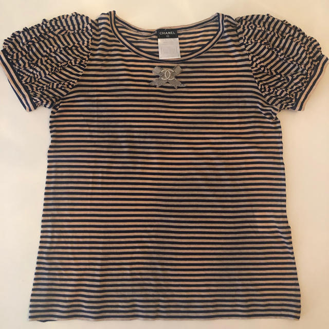 CHANEL 半袖Tシャツ ベージュ×ネイビー ストライプ パフスリーブ