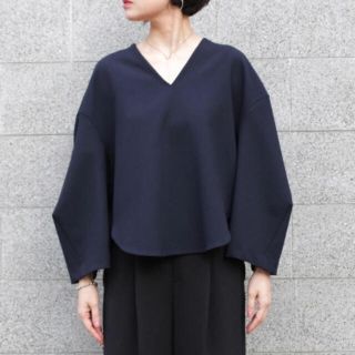 エンフォルド(ENFOLD)のENFOLD 17AW ダブルクロスワイドスリーブプルオーバー ネイビー 38(カットソー(長袖/七分))