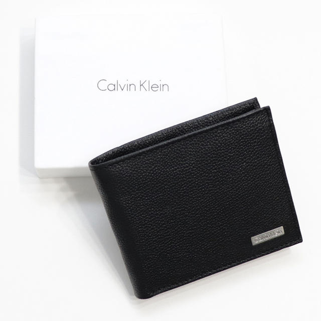新品 カルバンクライン 二つ折り 財布 ロゴ プレート レザー ブラック メンズ