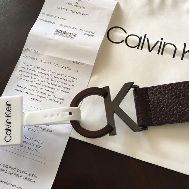 大人気★Calvin Klein CKロゴバックルメンズ厚め本革ブラウン色ベルト