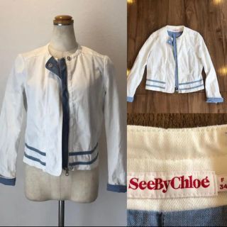 シーバイクロエ(SEE BY CHLOE)のSEE by CHLOEシーバイクロ マリン 襟なしブルゾン 白 デニム(ノーカラージャケット)