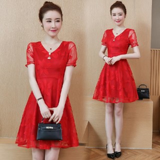 5L6L 新品 半袖シースルーミニワンピース 赤 大きいサイズ Aライン ドレス(ミニワンピース)