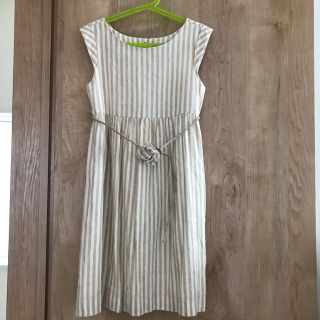 ザラキッズ(ZARA KIDS)のZARA ストライプ リネン混 ワンピース 152cm  140cm位 ベージュ(ワンピース)