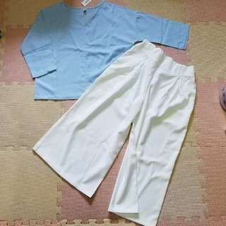 新品 七分袖ライトブルーのブラウス 七分丈 白のスカンツ スカーチョ　L　(Tシャツ(長袖/七分))