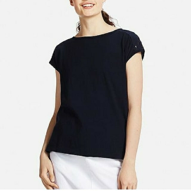 UNIQLO(ユニクロ)の[未着用]エンプロイダリーTシャツ(ネイビー)Lサイズ UNIQLO レディースのトップス(Tシャツ(半袖/袖なし))の商品写真