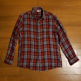 ユニクロ(UNIQLO)のユニクロ　長袖シャツ　赤×グレー　チェック　L　綿100％ガーゼに近い柔らかさ(シャツ)