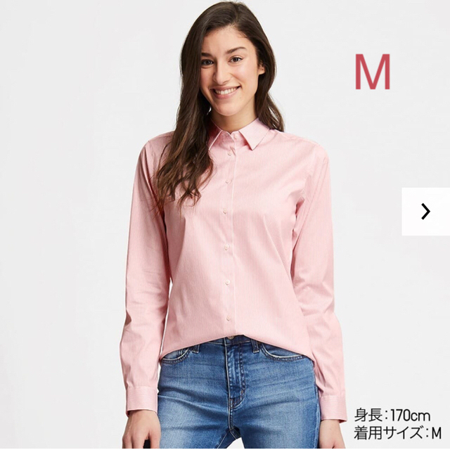 UNIQLO(ユニクロ)のユニクロ スーピマコットンストレッチ ストライプシャツ Mサイズ／ピンク 新品！ レディースのトップス(シャツ/ブラウス(長袖/七分))の商品写真