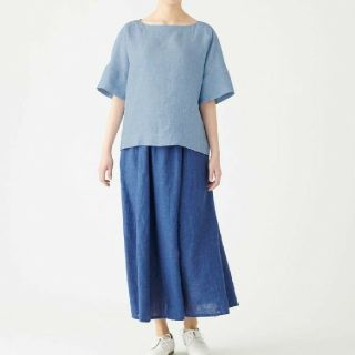 ムジルシリョウヒン(MUJI (無印良品))の新品●無印良品オーガニックリネンチェック半袖ブラウス／スモーキーブルー／XS～Ｓ(シャツ/ブラウス(半袖/袖なし))