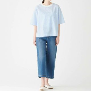 ムジルシリョウヒン(MUJI (無印良品))の新品）新疆綿洗いざらしブロードストライプリブ付き五分袖ブラウスベビーブルーＭ～Ｌ(シャツ/ブラウス(半袖/袖なし))