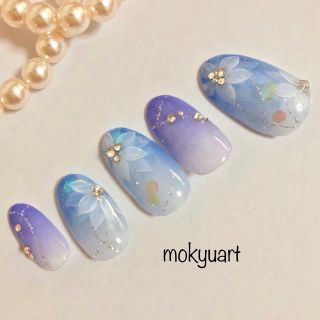 mokyuart＊07 カラグラ フラワーネイル 青 ウエディング ネイルチップ