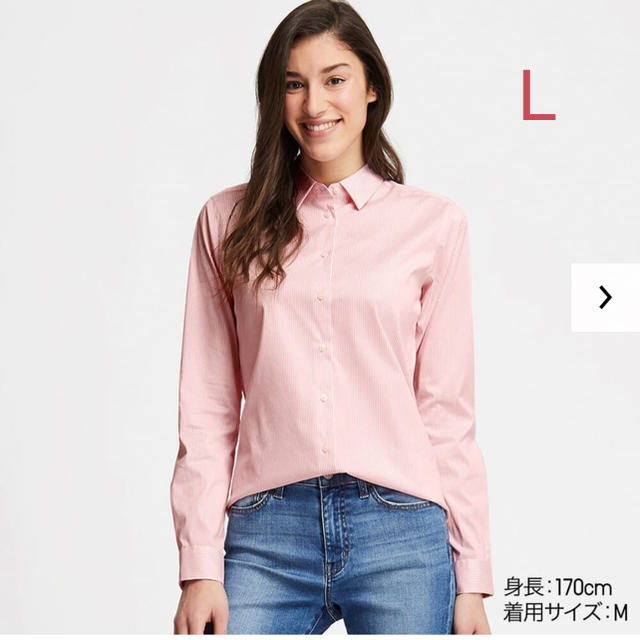 UNIQLO(ユニクロ)のユニクロ スーピマコットンストレッチ ストライプシャツ Lサイズ／ピンク 新品！ レディースのトップス(シャツ/ブラウス(長袖/七分))の商品写真