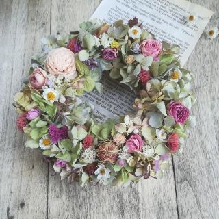 わんころ様専用ページ(*^-^)　紫陽花と薔薇のナチュラルリース(ドライフラワー)