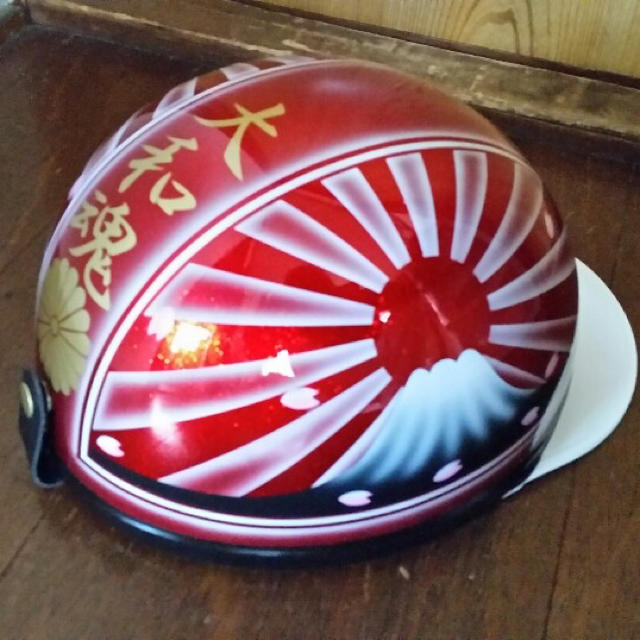新品塗装 赤ラメ 桜 富士日章 コルク半 ヘルメット エアブラシ
