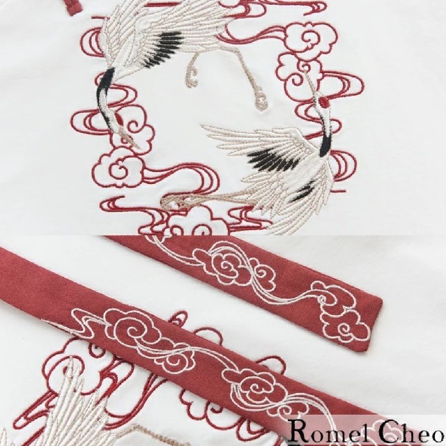 RomelCheo 鶴柄刺繍 パーカー フレアスリーブ 和柄 和装 原宿系