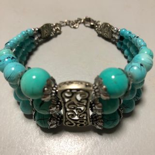 ターコイズブレスレット 三連ブレス シルバーデコレーション(ブレスレット/バングル)