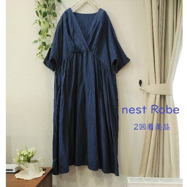 nest Robe 2回着 リネン カシュクールワンピース■ネイビー