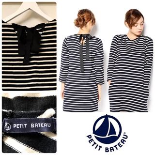 プチバトー(PETIT BATEAU)の美品 PETIT BATEAU プチバトー リボン マリニエールワンピース(ひざ丈ワンピース)