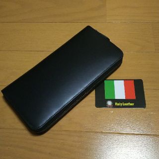 イタリア スムースレザー マット ラウンド長財布 YKK メンズ レディース 黒(長財布)