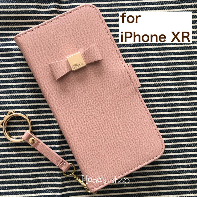 iPhoneXR  リボン ストラップ付 耐衝撃 手帳型 ケース ピンクの通販 by Hana's shop｜ラクマ