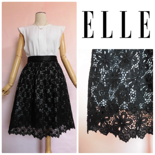 エル(ELLE)の【ELLE PARIS】コットンレーススカート☆黒☆スパンコール☆38(ひざ丈スカート)