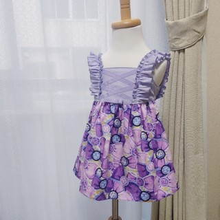 アナスイミニ(ANNA SUI mini)の紫リボン柄　ハンドメイドシャーリングワンピースE　80cm　フリルjsk(ワンピース)