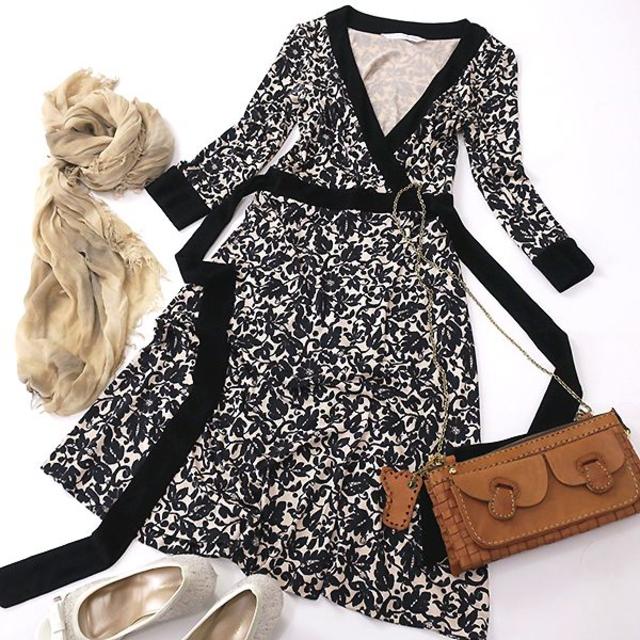 DIANE von FURSTENBERG - ダイアンフォンファステンバーグ　モノトーン花柄◎シルクニットワンピース