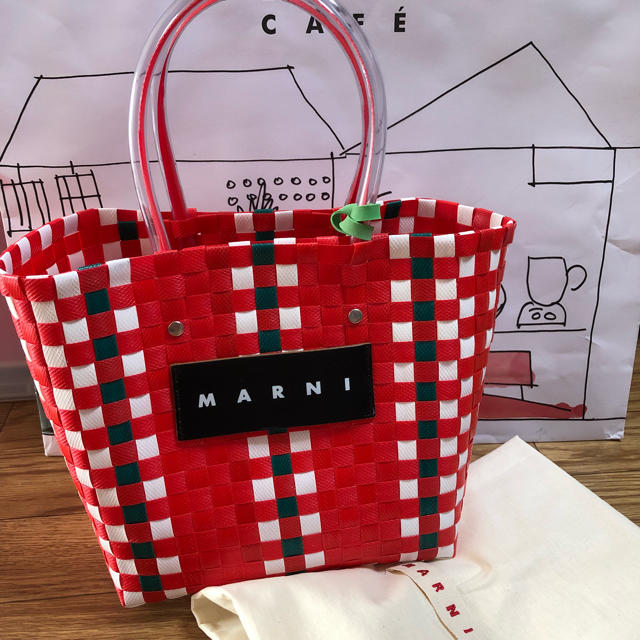 新品 マルニmarniマルニフラワーカフェ ピクニックカゴバッグ ミニ レッド