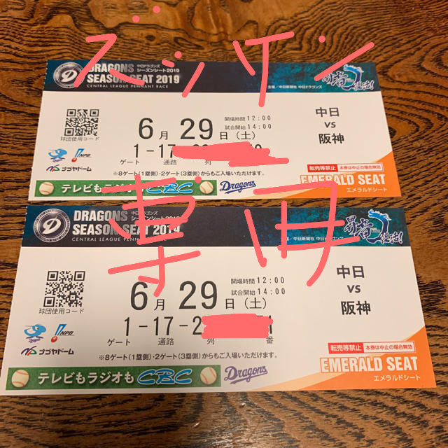午前12時前のご注文は当日発送 中日vs阪神戦 6月29日 土曜日 14:00〜 野球 阪神vs中日 6 29 甲子園ペアチケット グリーンシート