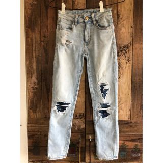 アメリカンイーグル(American Eagle)の美品 アメリカンイーグル ダメージパッチワークデニム00 XS ライトインディゴ(デニム/ジーンズ)