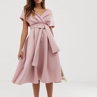 エイソス(asos)の②UK6*ASOS*ピンク ウエストタイオフショルドレス(ミディアムドレス)