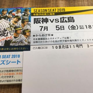 ハンシンタイガース(阪神タイガース)の7/5(金)阪神広島ブリーズシート通路横ペア(野球)