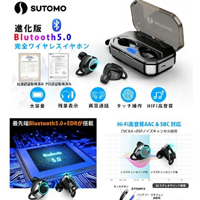 ワイヤレスイヤホン　Bluetoothイヤホン　SUTOMO