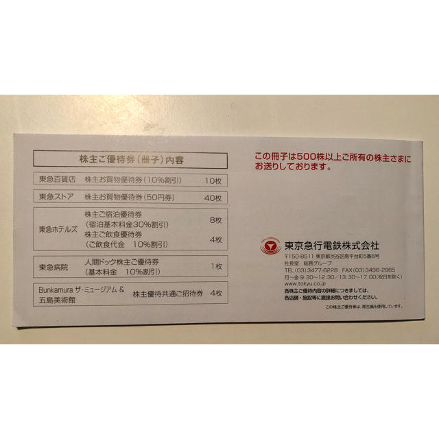 東急電鉄 株主優待券 チケットの優待券/割引券(ショッピング)の商品写真