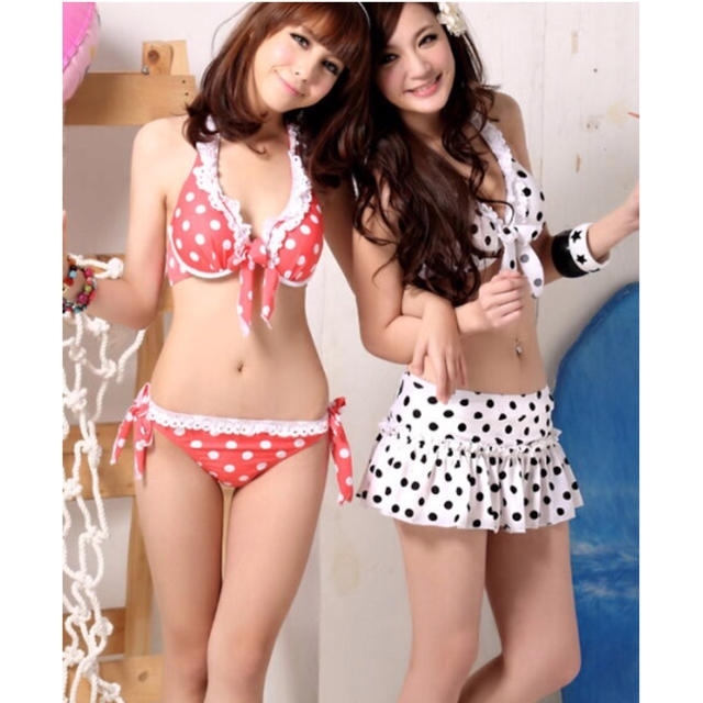 ビキニ ☆ ピンク 可愛いドット & フリル りぼん 3点セットの ビキニ ☆ ピンク 可愛いドット & フリル りぼん 3点セットの