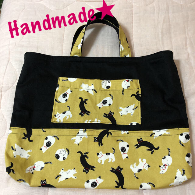 Handmade☆黒とネコちゃんのレッスンバッグ ハンドメイドのキッズ/ベビー(バッグ/レッスンバッグ)の商品写真